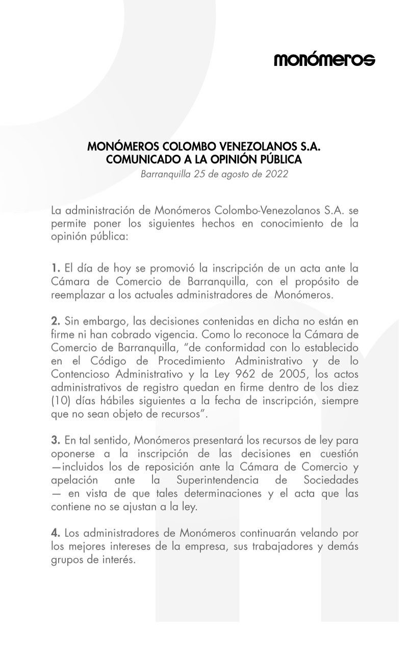 Comunicado oficial en el que la empresa Monómeros pone en conocimiento el registro de la nueva junta directiva. Foto tomada de @monomerossa