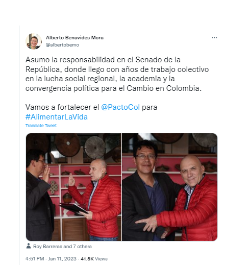 Alberto Benavides sobre su posesión como Senador. Pie de foto. @albertobemo/Twitter.