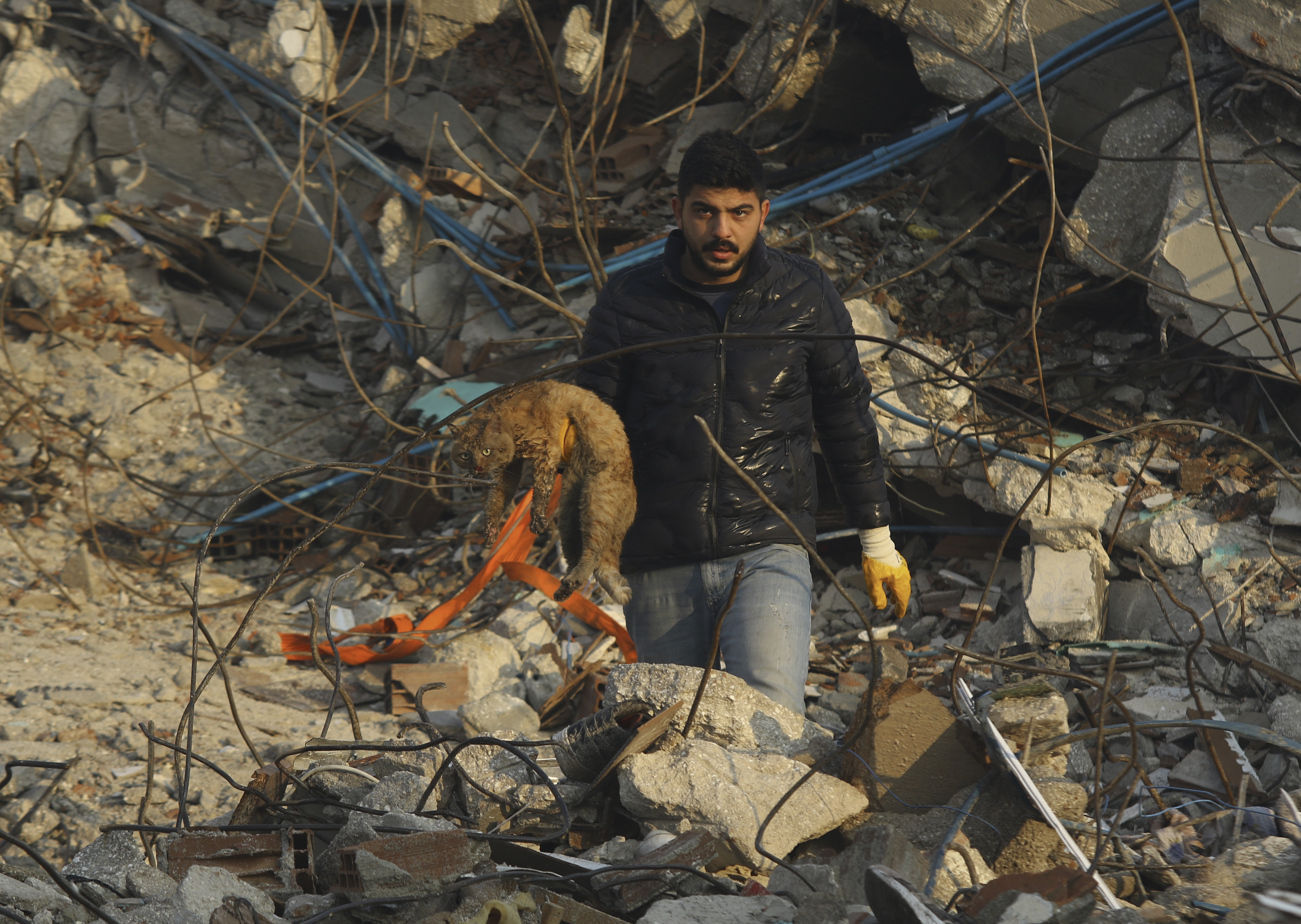 Un hombre sujeta un gato con una mano tras ser rescatado de entre los escombros de un edificio caído tras un potente sismo en la ciudad de Hatay, en el sur de Turquía, el 9 de febrero de 2023. (IHA vía AP)