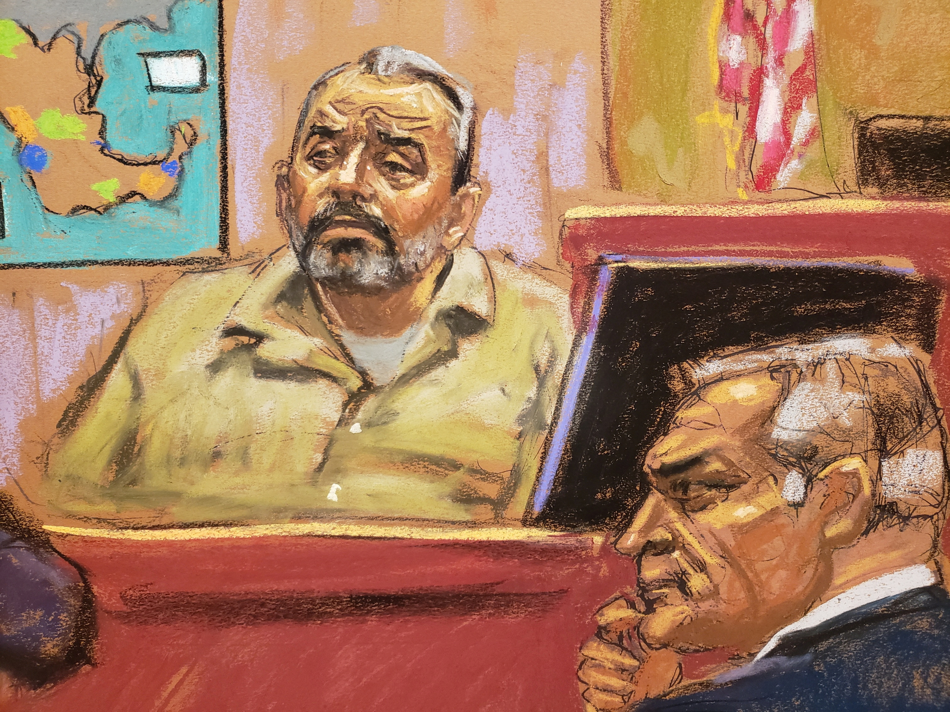 Edgar Veytia is questioned by Saritha Komatireddy (not seen) during the trial of Mexico's former Public Security Minister Genaro Garcia Luna on charges that he accepted millions of dollars to protect the powerful Sinaloa Cartel, once run by imprisoned drug lord Joaquin "El Chapo" Guzman, at a courthouse in New York City, U.S., February 7, 2023 in this courtroom sketch. REUTERS/Jane Rosenberg
