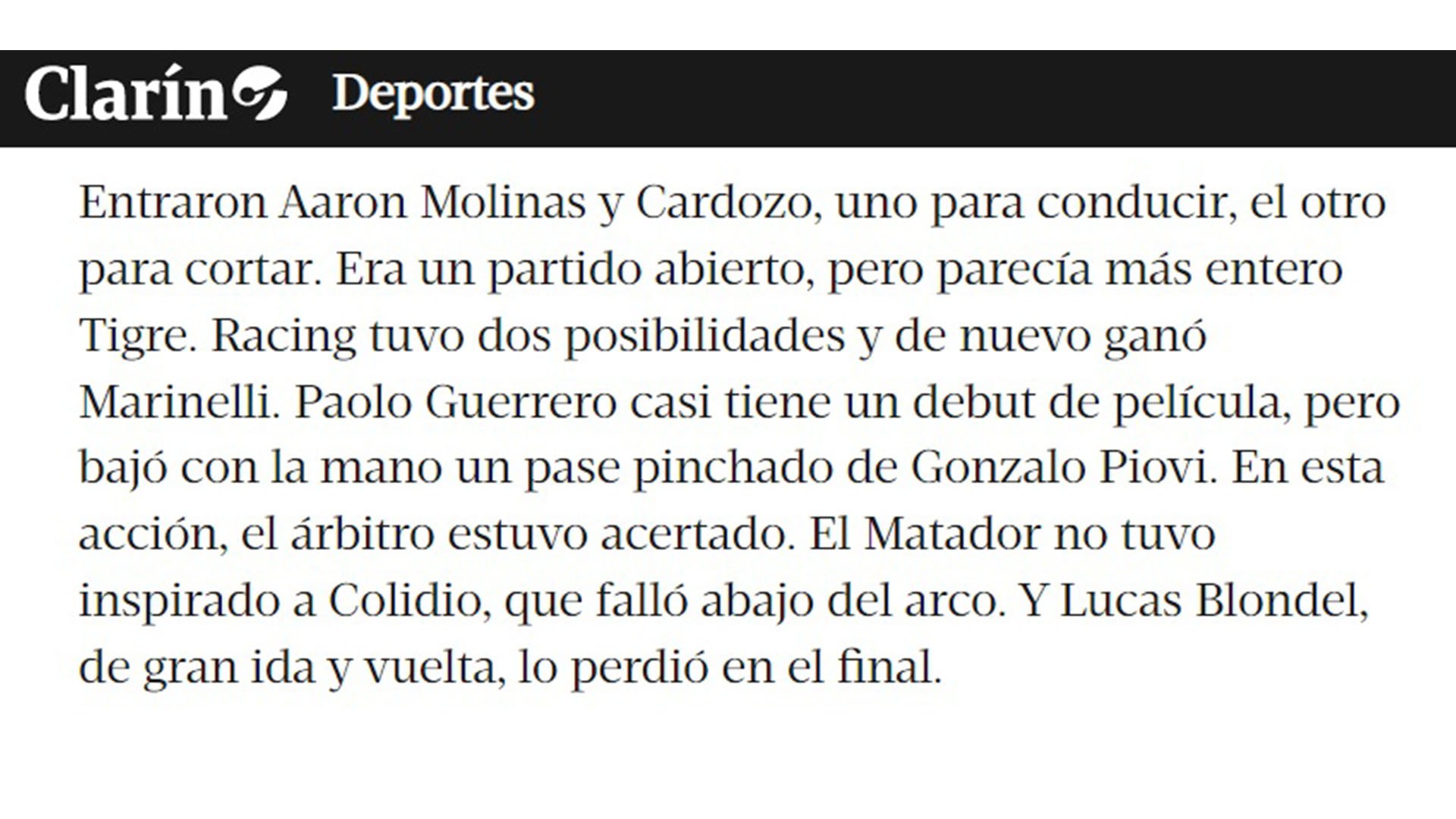 Clarín sobre Paolo Guerrero y su debut en Racing Club.