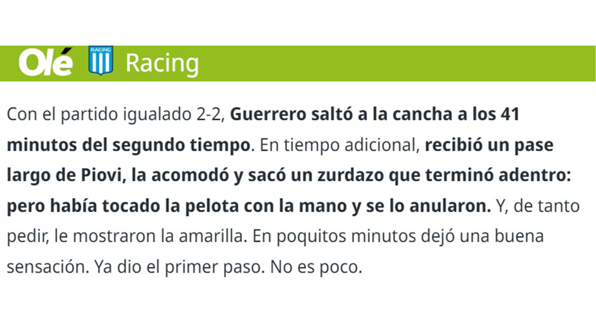 Diario Olé sobre debut de Paolo Guerrero en Racing Club.