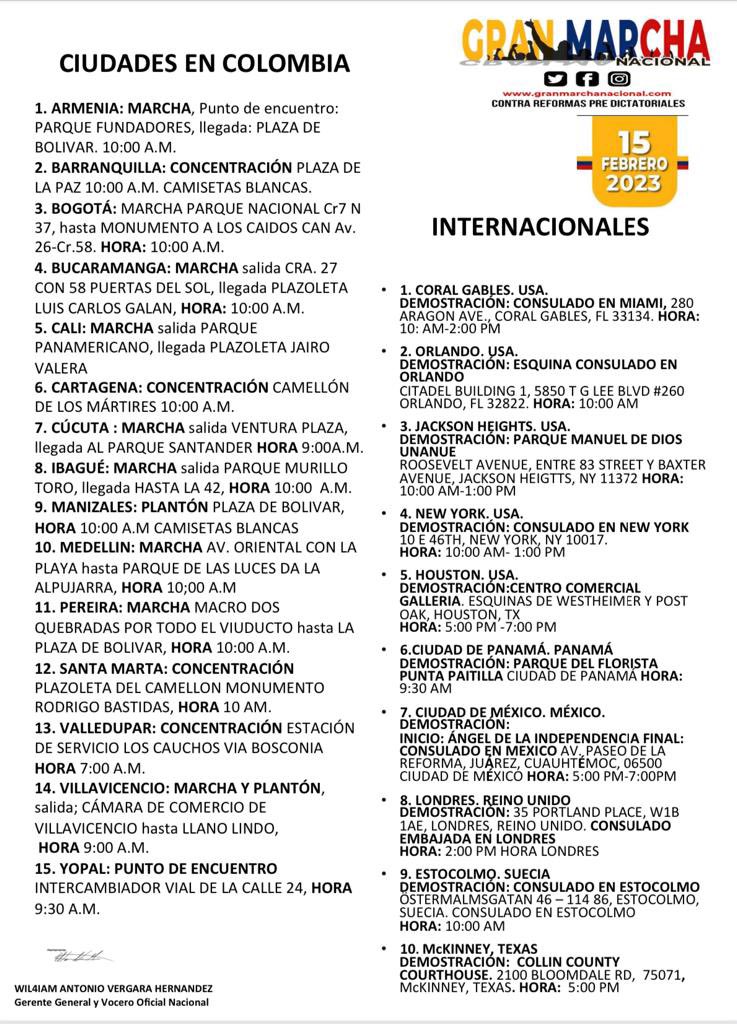 Puntos de concentración para marchas del 15F en Colombia.