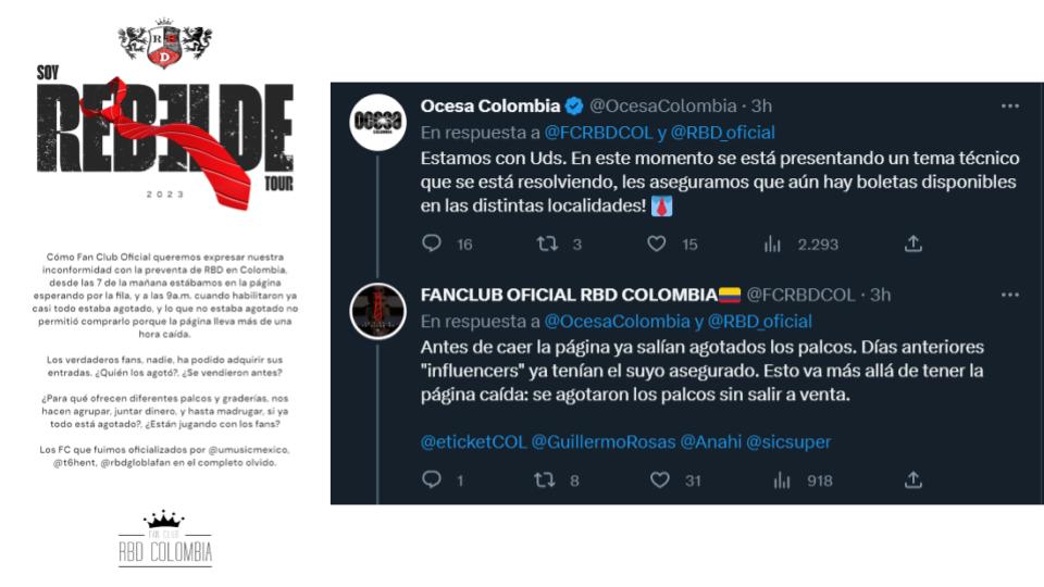 Club de fans de RBD manifestó su inconformidad con los problemas de e-Ticket (@FCRBDCOL/Twitter)