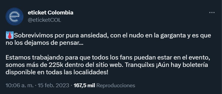 Comunicado de e-Ticket ante los problemas en su sitio web por la alta demanda de boletería para RBD (@eticketCOL/Twitter)
