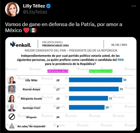 La senadora se muestra confiada en volverse la candidata a la Presidencia de la República por parte de la oposición (Twitter/@LillyTellez)