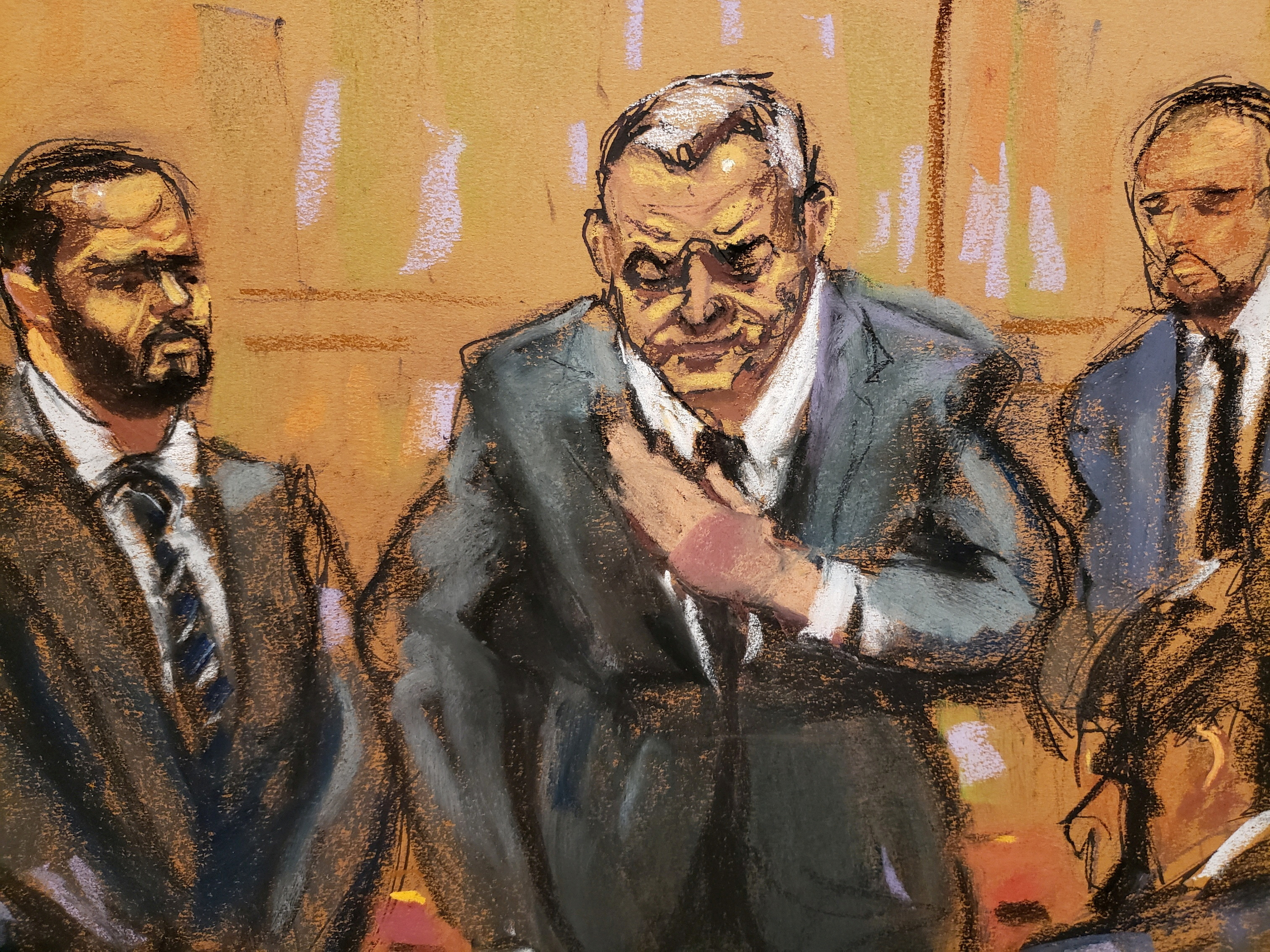 Mexico's former Public Security Minister Genaro Garcia Luna gestures to his wife and two children seated in audience, before being escorted out of the courtroom by U.S. Marshalls in New York City, U.S., February 21, 2023 in this courtroom sketch. Garcia is on trial for charges that he accepted millions of dollars to protect the powerful Sinaloa Cartel, once run by imprisoned drug lord Joaquin "El Chapo" Guzman. REUTERS/Jane Rosenberg REFILE - CORRECTING ACTION