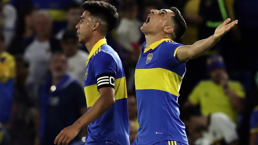 Miguel Merentiel festeja su primer gol con la camiseta de Boca ante Platense (ALEJANDRO PAGNI / AFP)