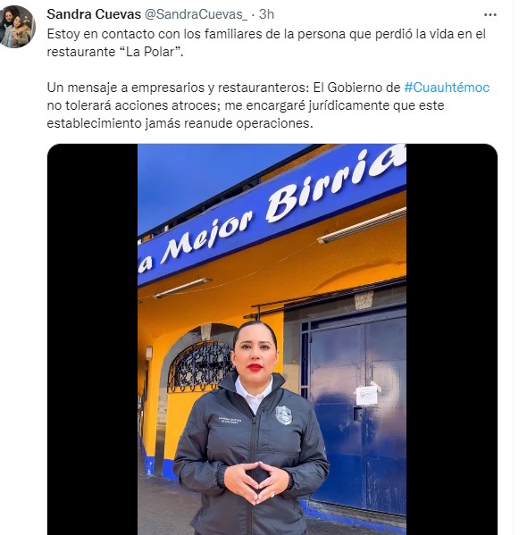 Sandra Cuevas informó que se puso en contacto con los familiares de la víctima 
(Foto: Twitter/SandraCuevas)