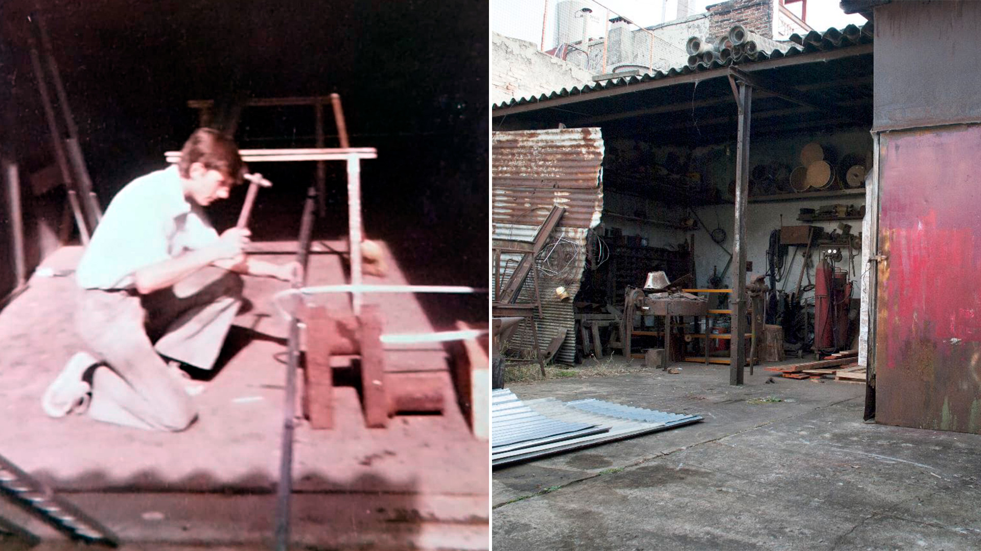 Carlos Montani trabajando en el taller de carpintería de su abuelo y su padre que es su "templo" donde aloja las botellas de agua de la muestra