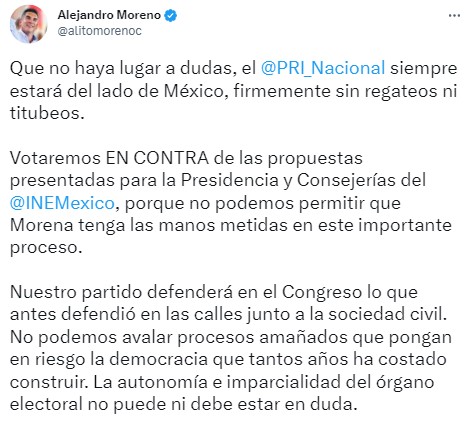 El priista se posicionó en Twitter (Twitter/@alitomorenoc)