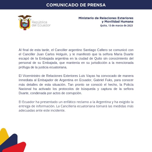 Comunicado de la Cancillería de Ecuador sobre la fuga de la ex ministra Duarte.