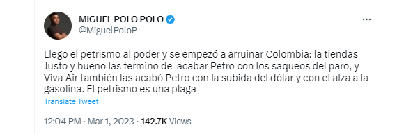El representante atacó nuevamente al gobierno Petro. Twitter.