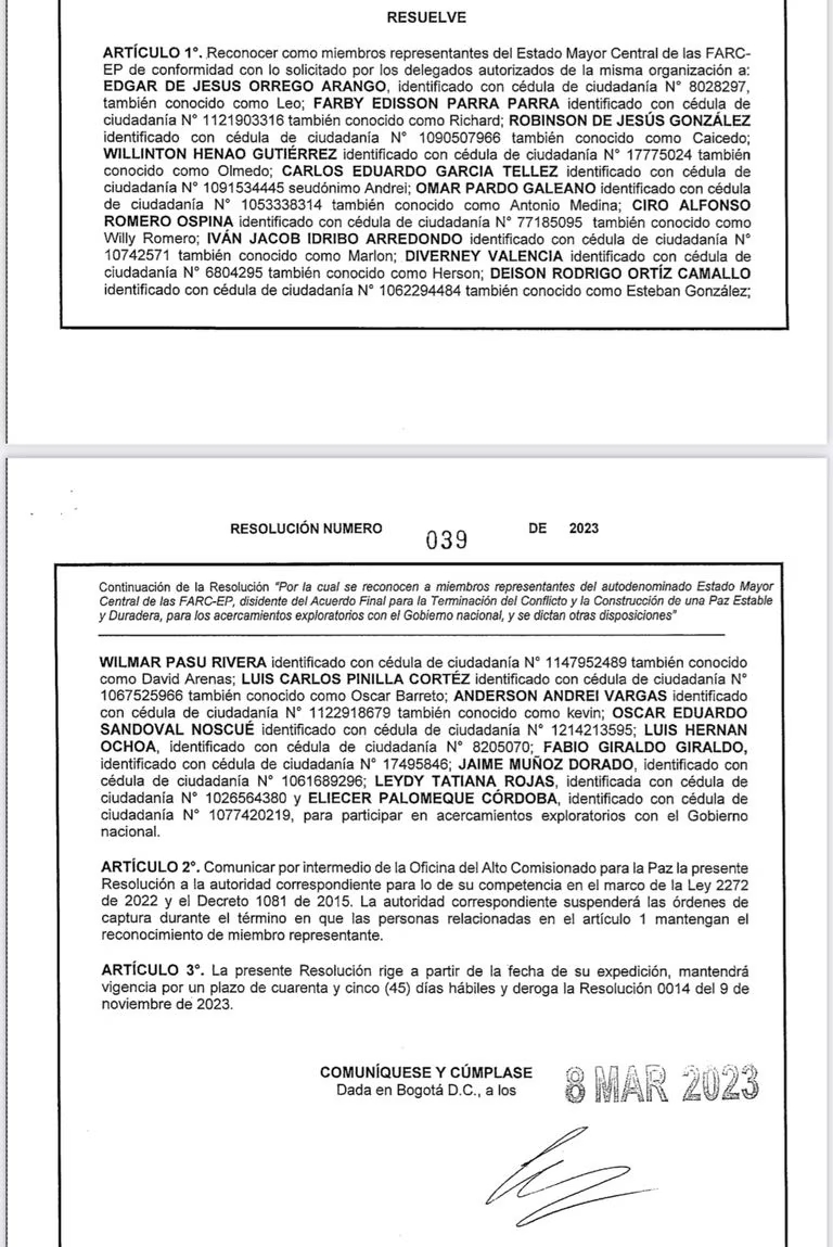 Con esta resolución el presidente Gustavo Petro pidió suspender las órdenes de captura de 19 miembros de la disidencia conocida como Estado Mayor Central de las FARC-EP.