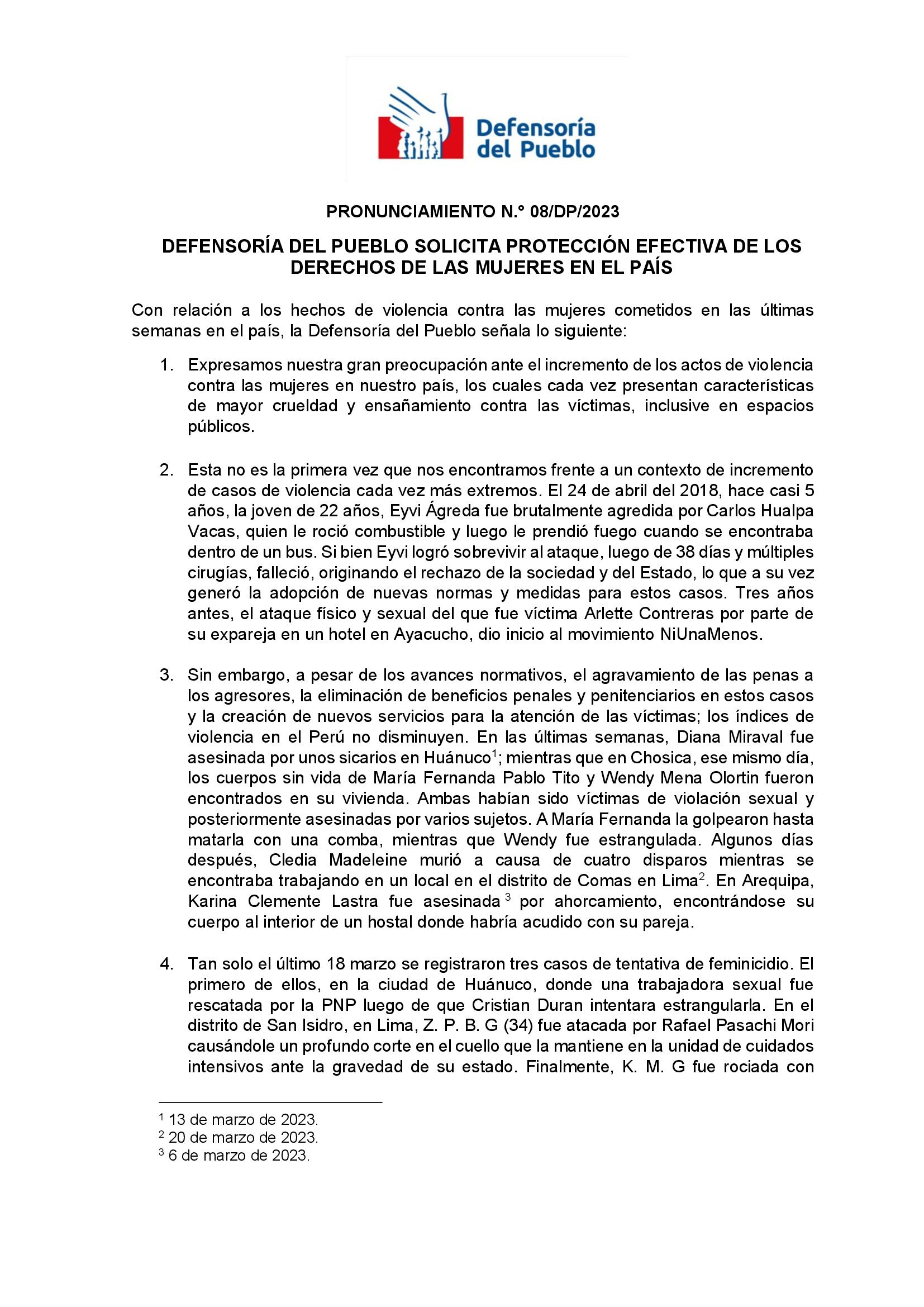 Comunicado de Defensoría del Pueblo