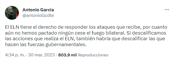 Se refirió a los ataques de la Fuerza Pública en contra del ELN