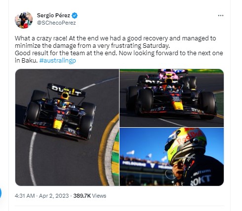 El mexicano externó optimismo por la siguiente parada de la F1: Baku. (Twitter @SChecoPerez)