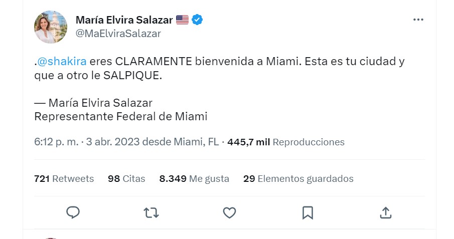 Congresista María Elvira Salazar le da a Shakira la bienvenida a Miami: “que a otro le salpique”. Redes y Colprensa.