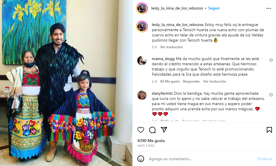 Tenoch Huerta conoció este abril a Feliciana Hernández, creadora de la capa que usó durante la Fashion Week de Milán en 2022. Foto: Instagram/lesly_la_nina_de_los_rebozos