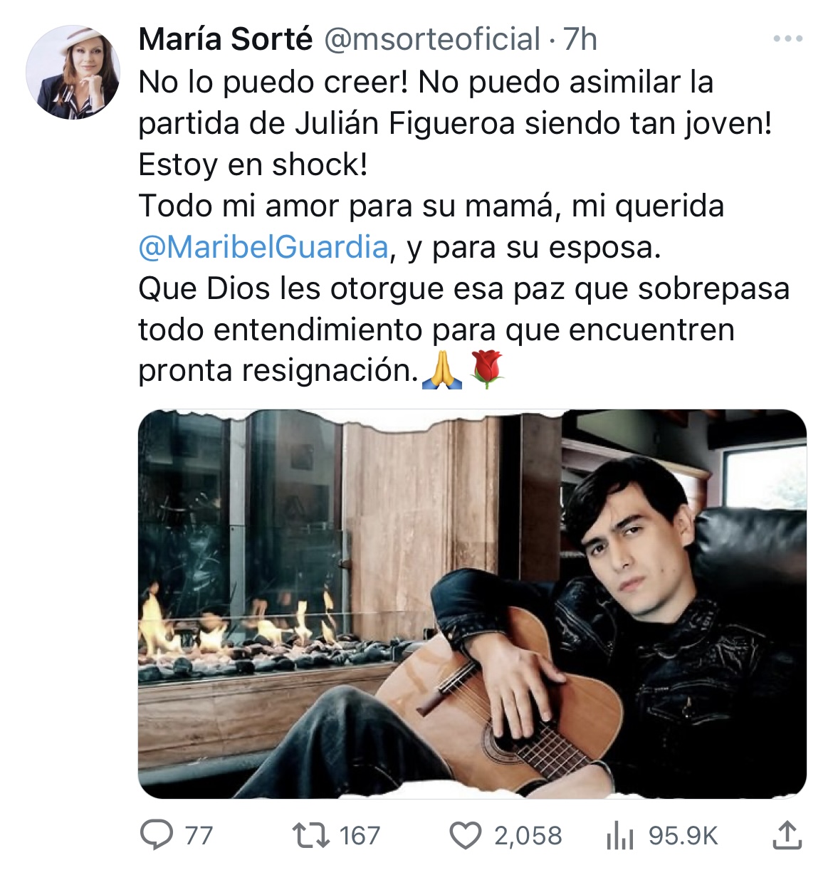 María Sorté fue otra de las famosas que se unió a la pena de Maribel Guardia ante la muerte de Julián Figueroa (Captura de pantalla Twitter @msorteoficial)