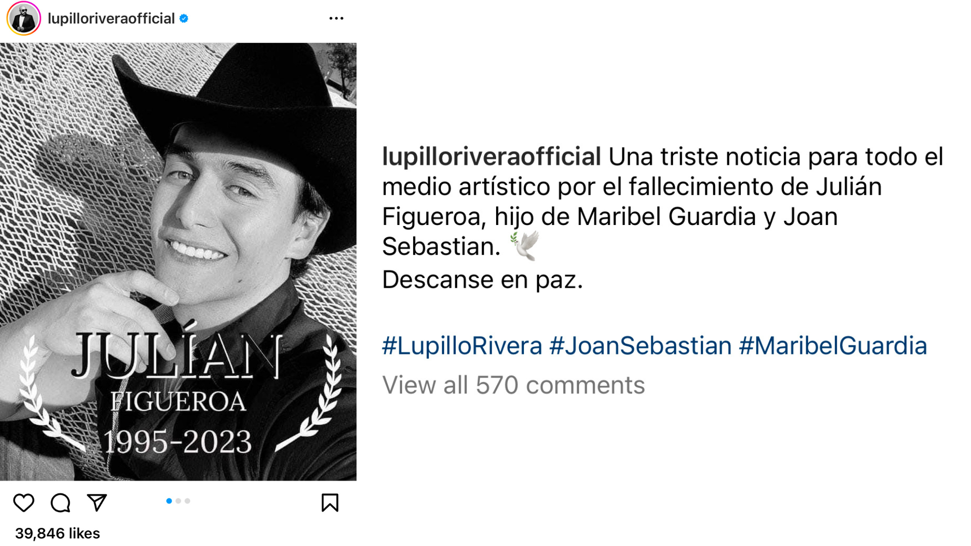 Lupillo Rivera utilizó Instagram para rendirle honores a Julián Figueroa (Instagram @lupilloriveraofficial)
