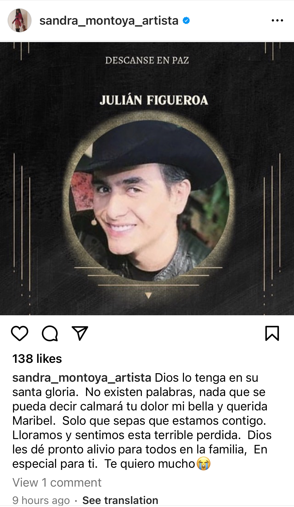 Sandra Montoya se pronunció ante el fallecimiento de Julián Figueroa (Instagram @sandra_montoya_artista)