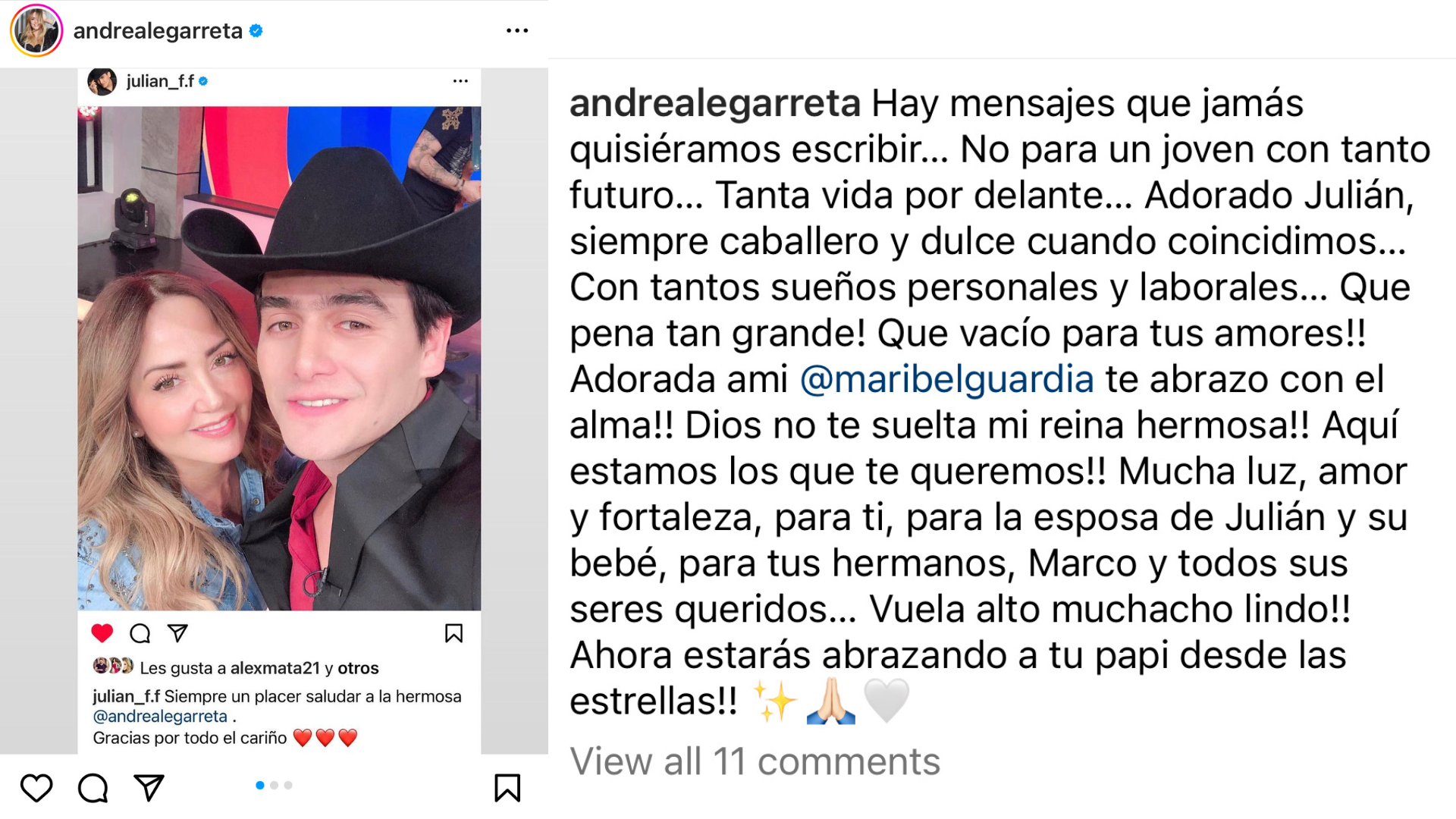 Andrea Legarreta fue una de las primeras famosas en rendir tributo a Julián Figueroa (Instagram @andrealegarreta)