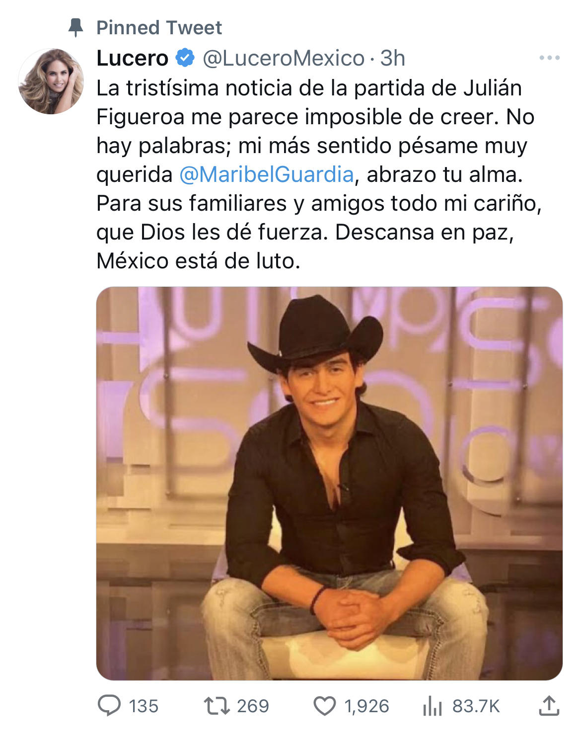 Lucero se mostró sensible ante el deceso de Julián Figueroa, sobre todo con su amiga Maribel Guardia (Captura de pantalla Twitter @LuceroMexico)