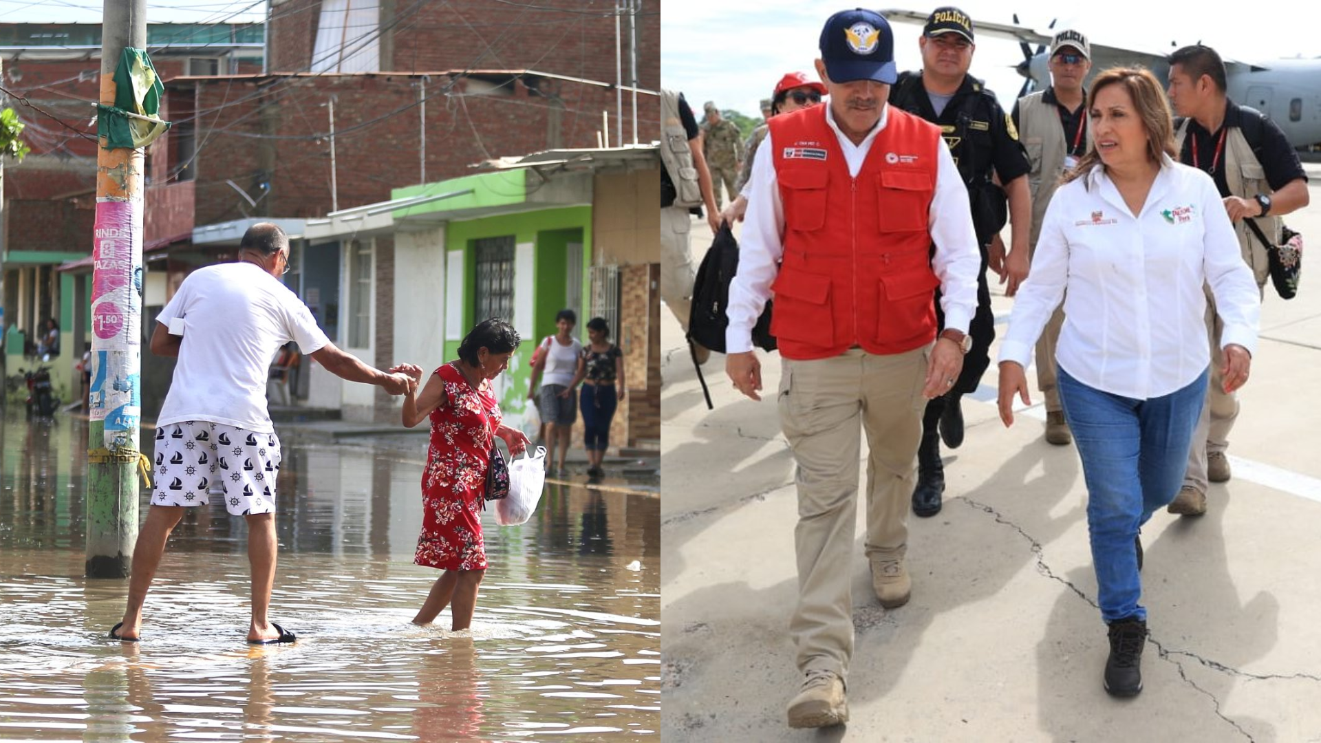 Dina Boluarte llegó a Piura para conocer las medidas adoptadas para mitigar los daños ocasionados por las fuertes lluvias provocadas por El Niño Costero. (Composición: Infobae)