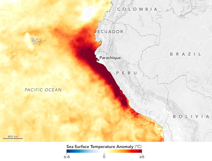 Las imágenes satelitales mostradas por la NASA revelan anomalías en la temperatura de la superficie del mar el 4 de abril. (NASA)