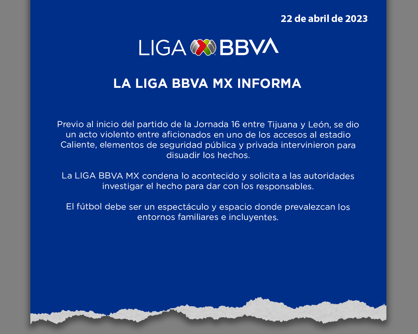 La Liga MX condenó los enfrentamientos entre fanáticos del León y Xolos. (Liga BBVA)