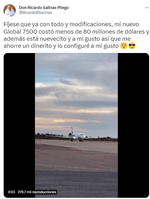 Salinas Pliego dio a conocer que su avión le costó menos de USD 80 millones. 