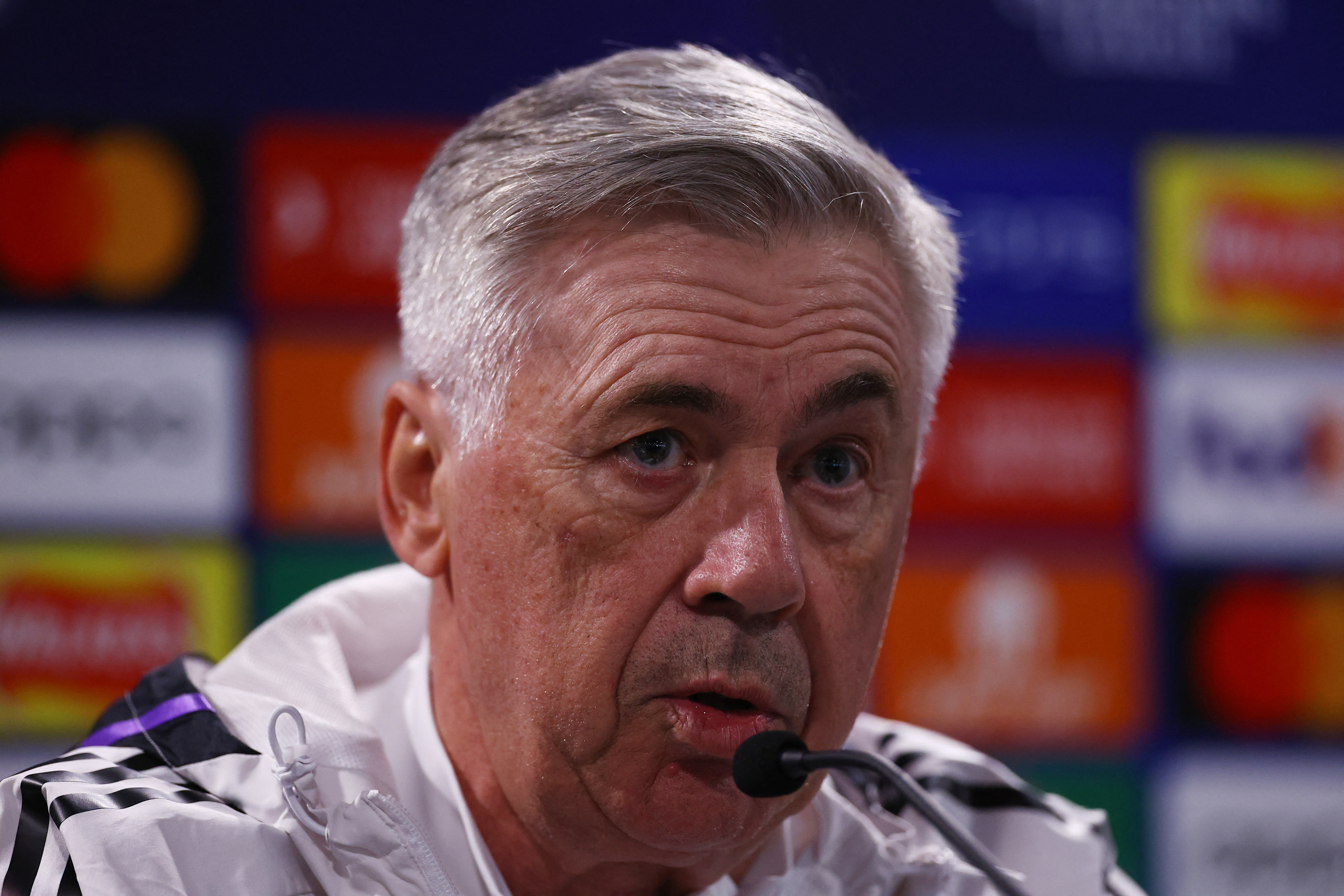 Carlo Ancelotti durante la rueda de prensa previa al partido de vuelta de cuartos de final de la Champions.