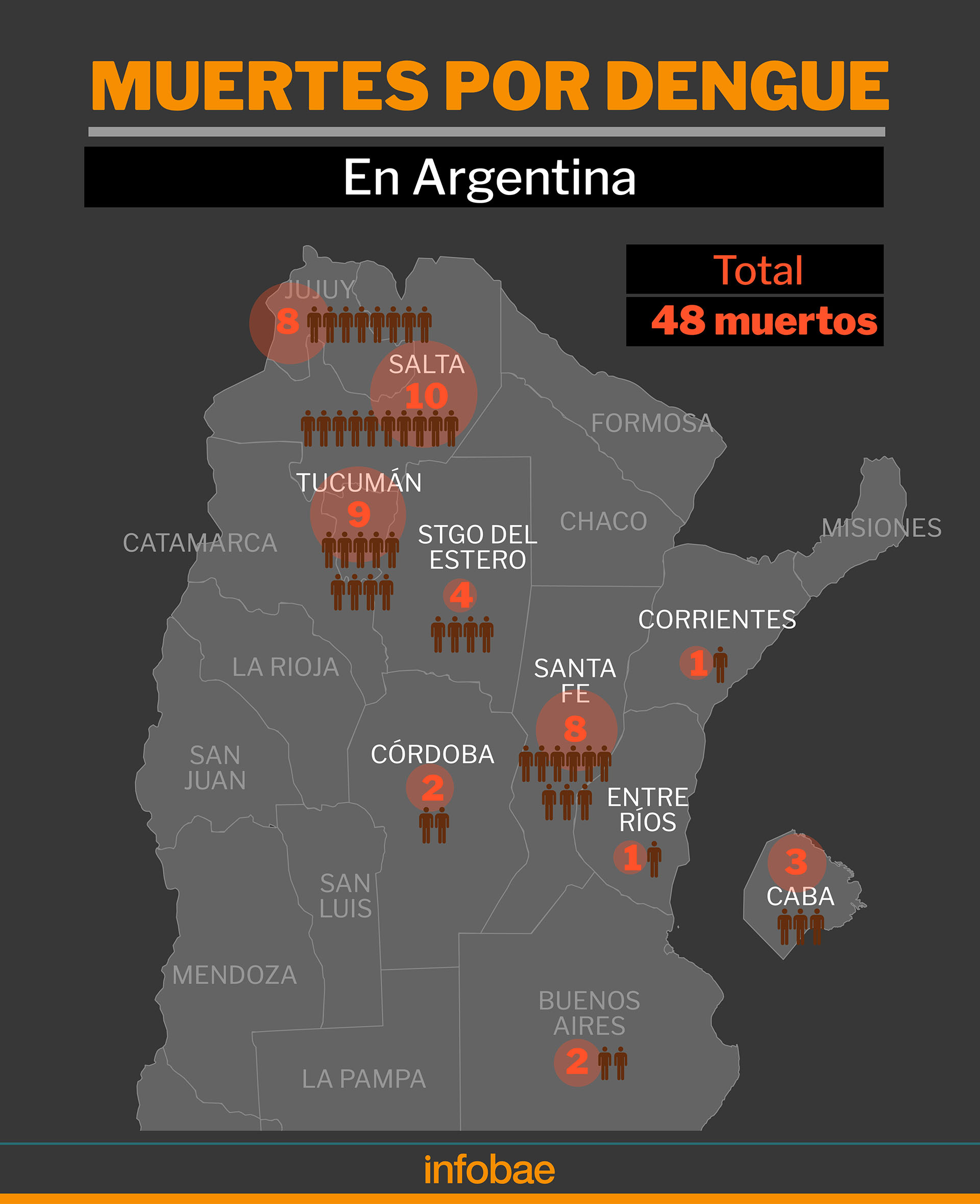 Diez jurisdicciones del país registraron muertes por dengue (Infografía Marcelo Regalado)
