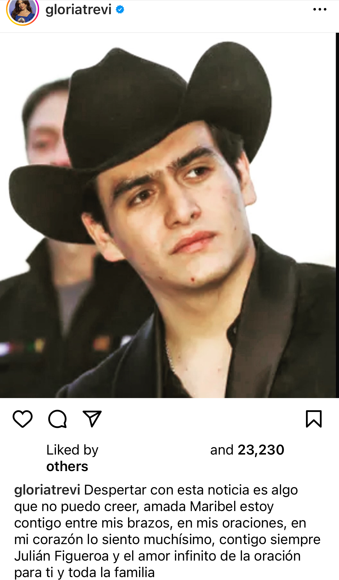 Gloria Trevi se despidió del hijo de Joan Sebastian a través de un mensaje en Instagram (Instagram @gloriatrevi)