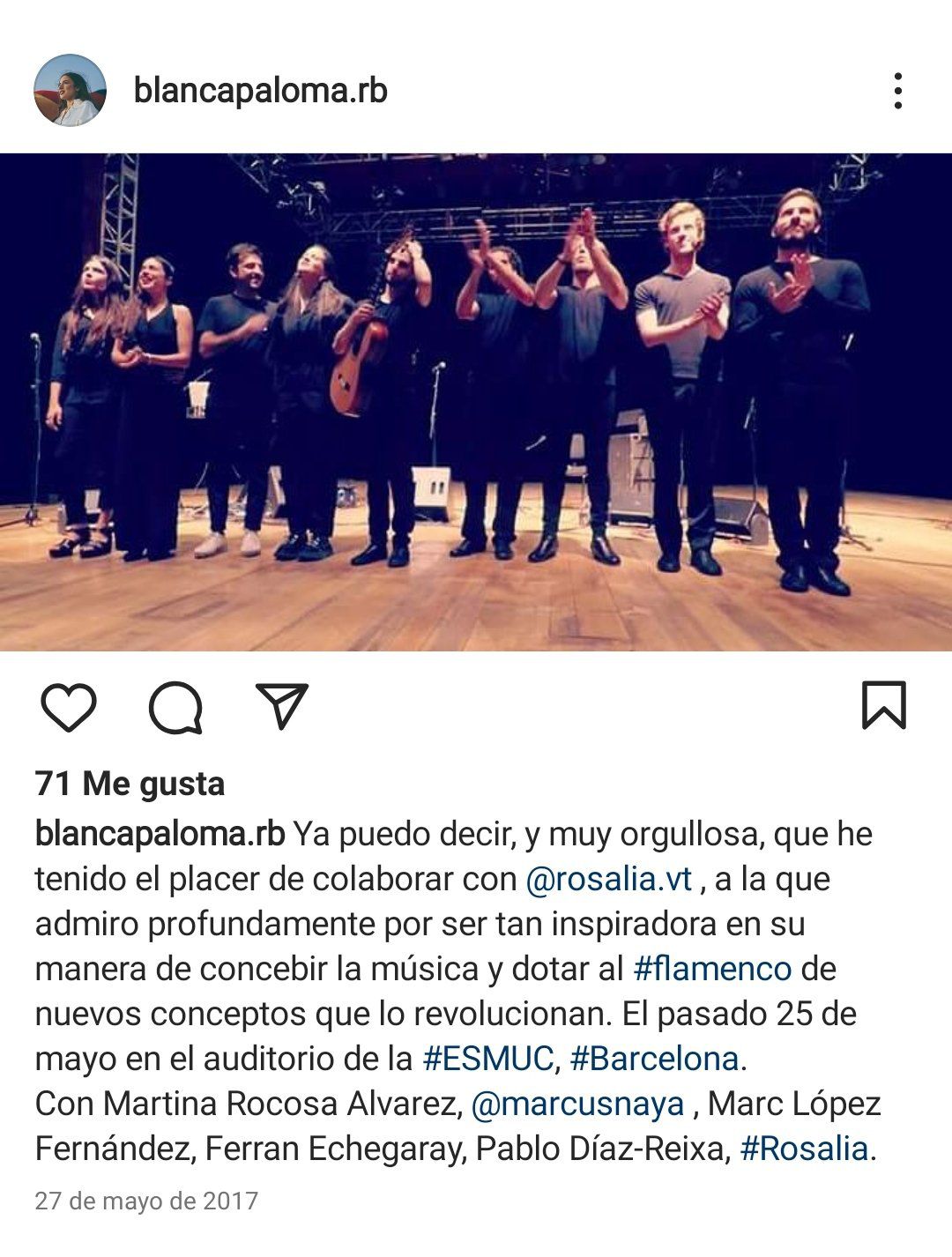Imagen de la publicación de Instagram de Blanca Paloma cuando colaboró con Rosalía en 2017.