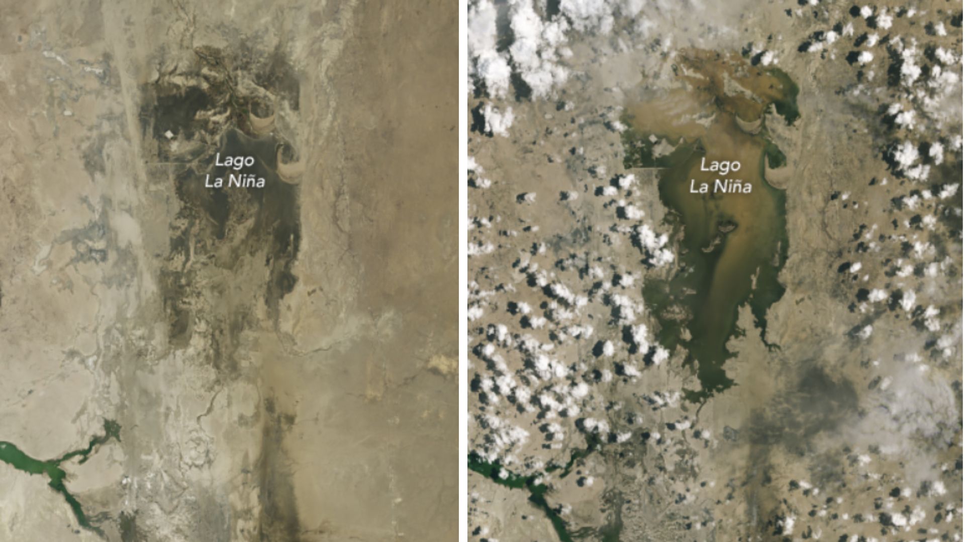 Imágenes de la NASA, registradas el 24 de febrero y el 12 de marzo, muestran agua adicional que se acumuló en el lago La Niña, una laguna efímera que se llena cuando las lluvias son inusualmente intensas y los ríos cercanos Piura y La Leche se desbordan. (NASA)