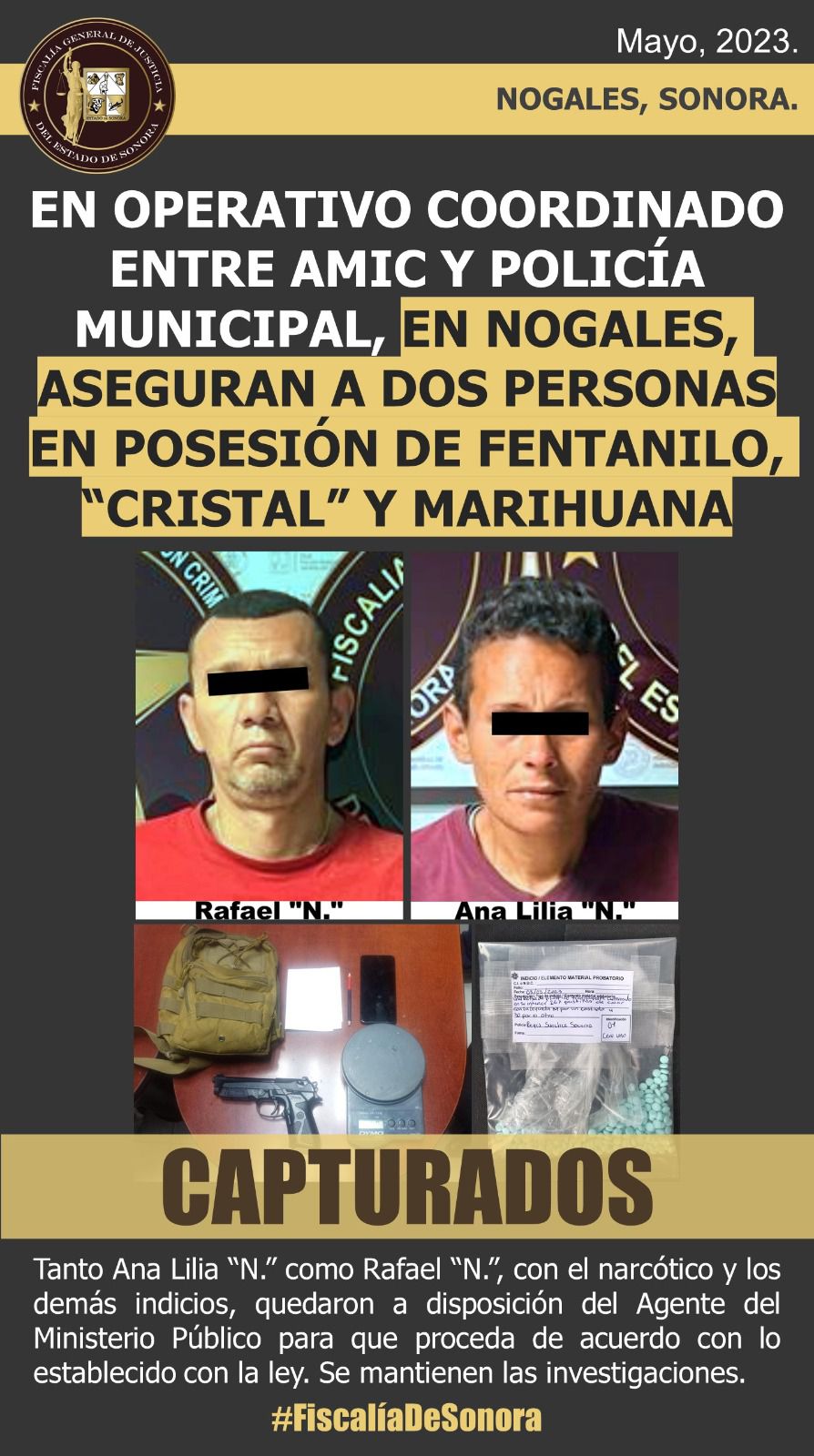 Dos detenidos Sonora fentanilo, cristal, marihuana