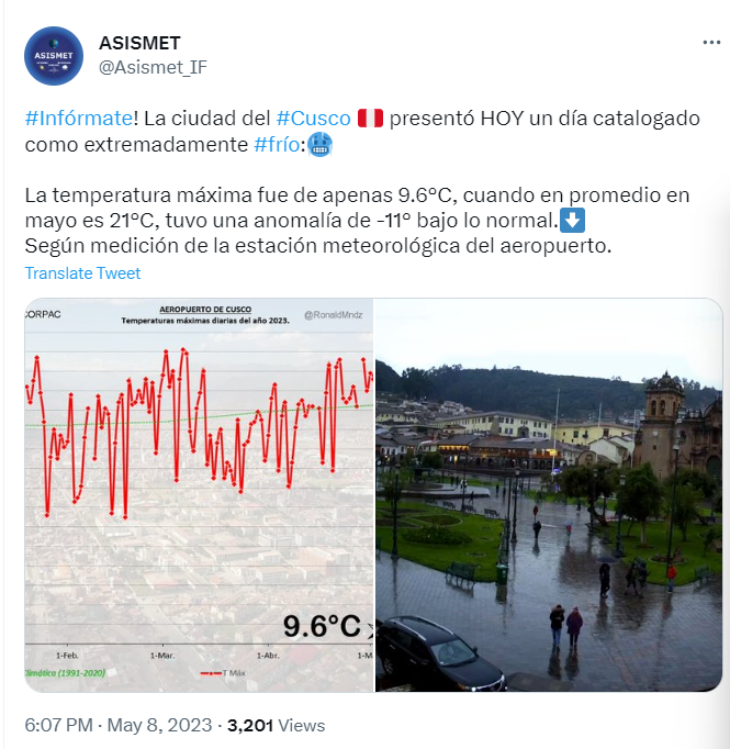 Cusco reporta día 'extremadamente frío'