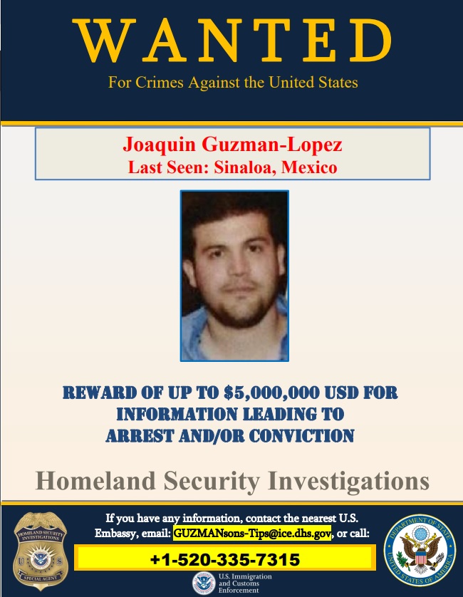 Joaquín Guzmán López es el líder menor de 'Los Chapitos', por lo que también enfrenta cargos relacioandos con narcotráfico en EEUU (Foto: Departamento de Estado)