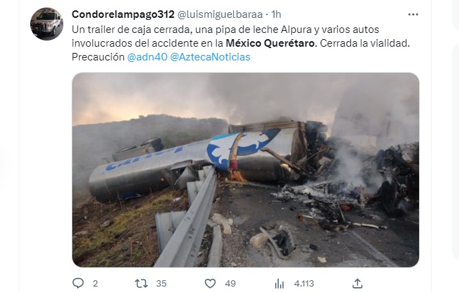 Se registró un fuerte accidente en la México-Querétaro (Twitter/ @luismiguelbaraa)