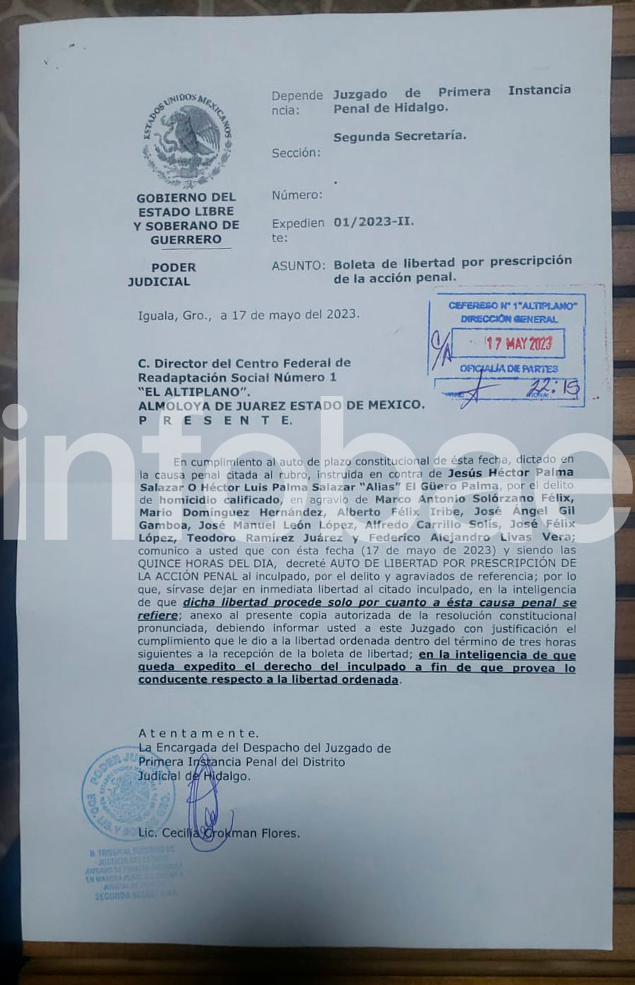 Boleta de libertad por prescricpión de la acción penal contra Palma Salazar (Infobae) 