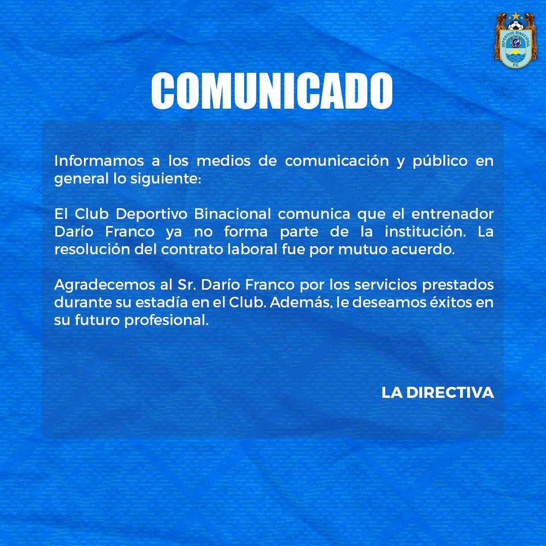 Comunicado de Deportivo Binacional sobre la salida de Darío Franco.