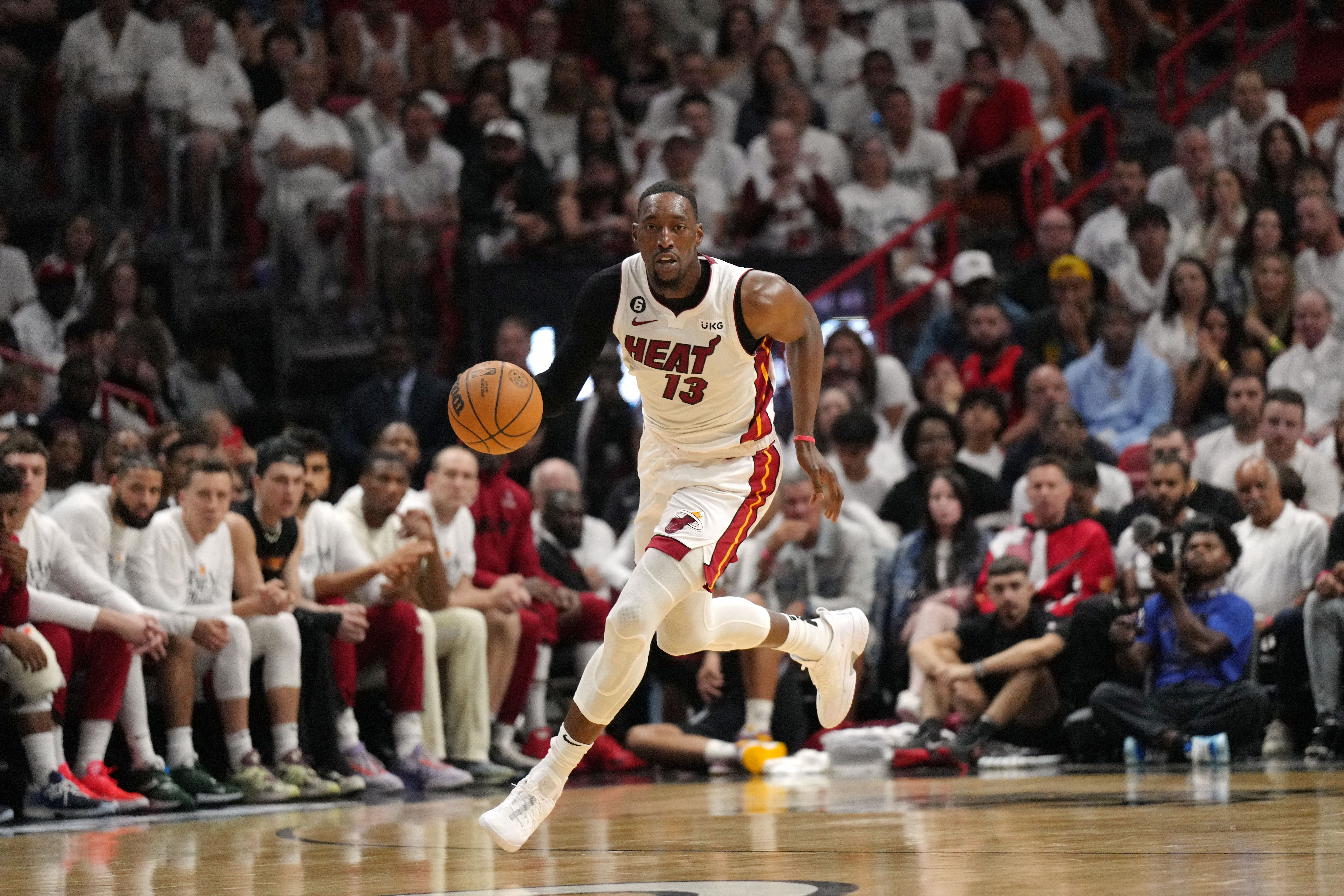 May 12, 2023; Miami, Florida, USA; Miami Heat center Bam Adebayo (13) brings the ball up the court in the second half during game six of the 2023 NBA playoffs against the New York Knicks at Kaseya Center. Mandatory Credit: Jim Rassol-USA TODAY Sports