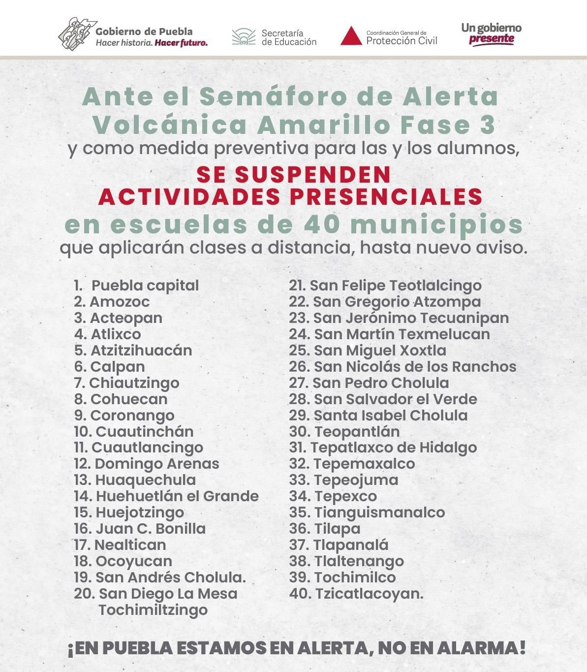 Suspendieron clases en 40 municipios por el volcán Popocatépetl (Twitter/ @SergioSalomonC)