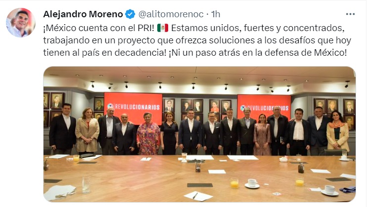Alito Moreno aseguró en sus redes sociales que el PRI está unido, fuerte, concentrado y trabajando por un proyecto (Twitter/@alitomorenoc)
