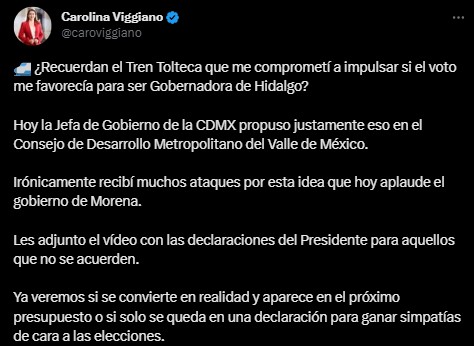 La secretaria general del PRI recordó una de las propuestas que tuvo cuando fue candidata a la gubernatura de Hidalgo (Twitter/@caroviggiano)