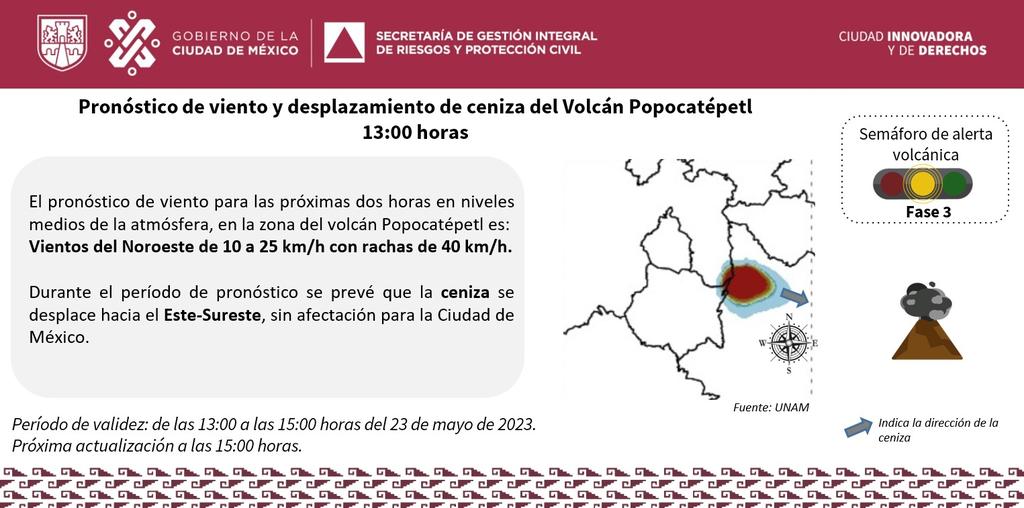 Pronóstico para la caída de ceniza en CDMX. Foto: Secretaría de Gestión Integral de Riesgos y Protección Civil