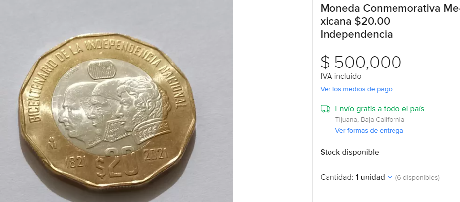 La moneda se vende por 500 mil pesos (captura de pantalla: Mercado Libre)