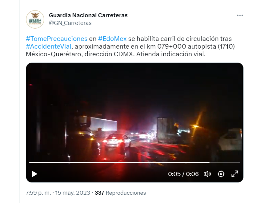La vialidad fue liberada poco antes de las 8:00 de la noche 
(Foto: captura de pantalla/@GN_Carreteras)
